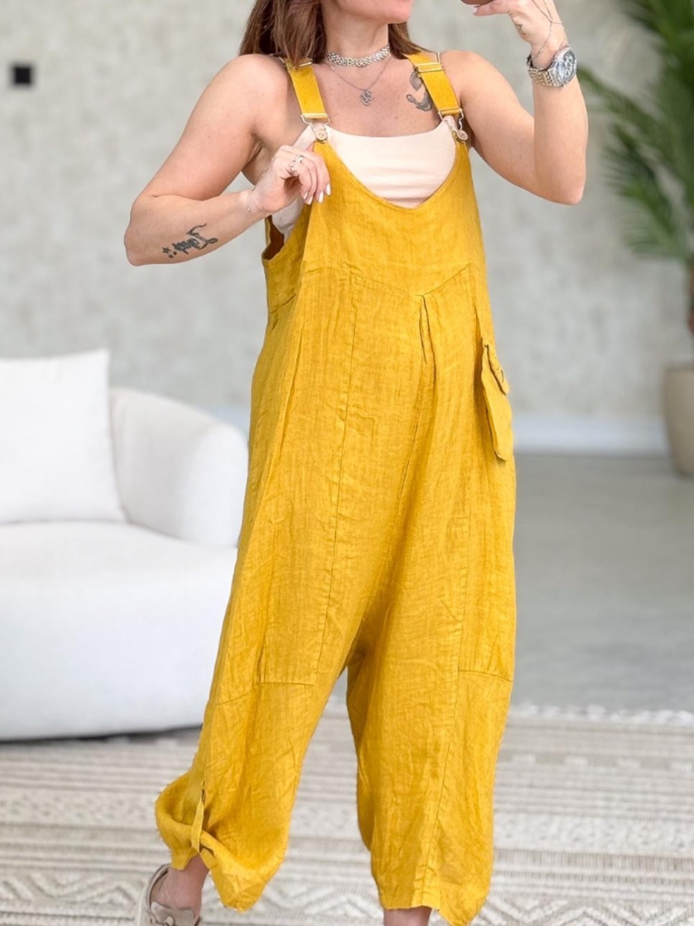Casual Mustard Yellow Linen Jumpsuit